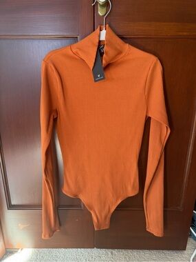 Lulu's Ribbed Long-Sleeve Turtleneck Bodysuit - Rust Orange